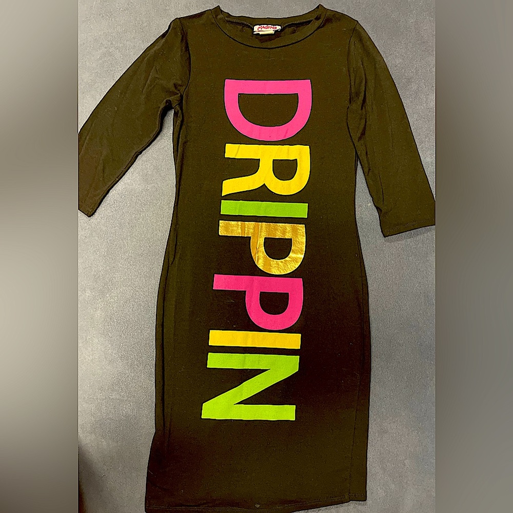 black suit with long sleeves colored letters size medium